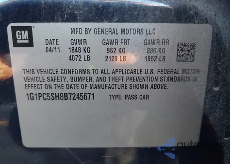 2011 Chevrolet Cruze Ls from USA, damaged, VIN 1G1PC5SH8B7245671
